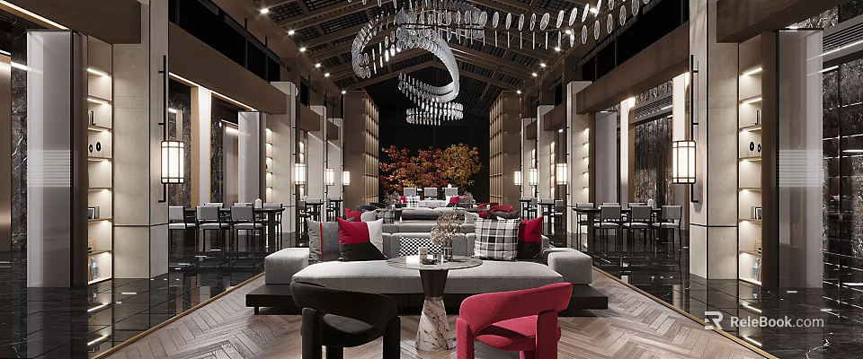 Stylish Leisure Area Interior With Comfortable Sofa Elegant Chandelier And Decorative Elements 3d model