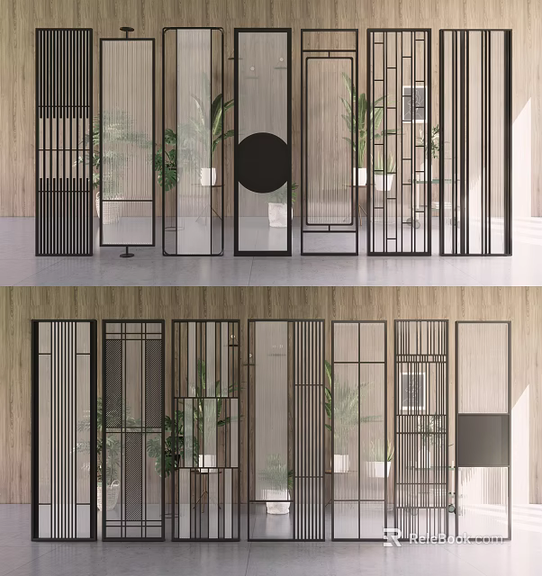 Modern Room Partition Design With Metal Frame Glass Panels And Indoor Plants 3d model 