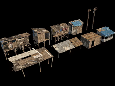 Dilapidated Wooden Shacks With Blue Roofs And Broken Planks On Poles 3d model