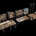 Dilapidated Wooden Shacks With Blue Roofs And Broken Planks On Poles