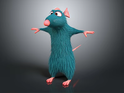 Cartoon Style Teal Fluffy Rat with Pink Ears Nose and Paws Standing with Arms Outstretched 3d model