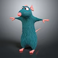 Cartoon Style Teal Fluffy Rat with Pink Ears Nose and Paws Standing with Arms Outstretched