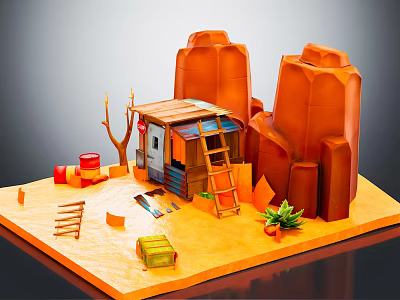 Cartoon Scene With Orange Rocks Small Cabin Ladder Red Barrels Dried Tree And Green Plant 3d model