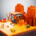 Cartoon Scene With Orange Rocks Small Cabin Ladder Red Barrels Dried Tree And Green Plant