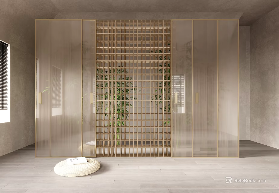 Stylish Indoor Room Divider Design With Gold Frame Glass Wooden Lattice And Green Plants 3d model 