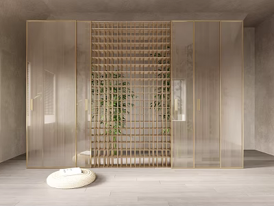 Stylish Indoor Room Divider Design With Gold Frame Glass Wooden Lattice And Green Plants 3d model