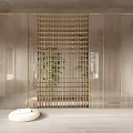 Stylish Indoor Room Divider Design With Gold Frame Glass Wooden Lattice And Green Plants