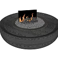 Rustic Circular Wooden Coffee Table with Central Fire Pit Burning Logs and Stones 3d model
