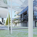 Modern Urban High Rise Buildings With Green Roofs Waterfront Reflection And Blue Sky