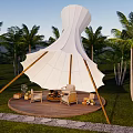 Stylish White Tent Outdoor Setting With Palm Trees Wooden Deck Comfortable Chairs And Fire Pit