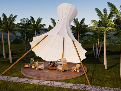 Stylish White Tent Outdoor Setting With Palm Trees Wooden Deck Comfortable Chairs And Fire Pit 3d model