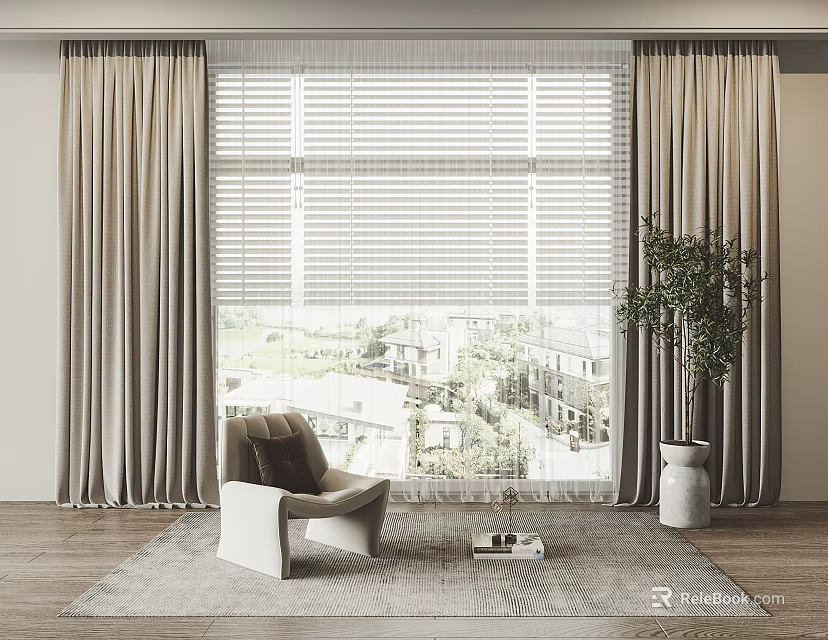 Beige Side Curtains With Window Blinds In Modern Room Featuring Armchair Plant And Outdoor View 3d model 