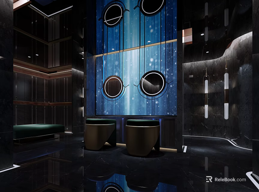 Modern Elevator Lobby With Blue Wall Circular Decor Black Marble Floor Green Sofa Metal Tables 3d model 