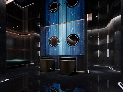 Modern Elevator Lobby With Blue Wall Circular Decor Black Marble Floor Green Sofa Metal Tables 3d model