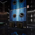 Modern Elevator Lobby With Blue Wall Circular Decor Black Marble Floor Green Sofa Metal Tables