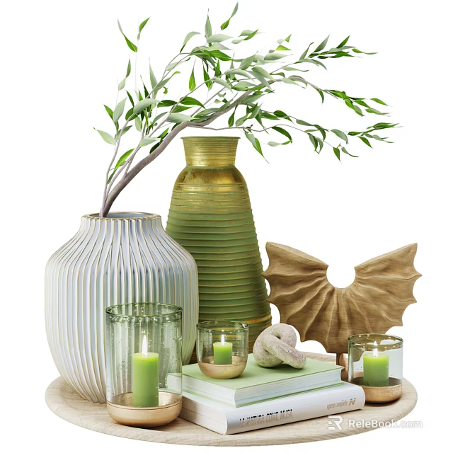 Decorative Ornament Set With Vases Candles Books And Shell Decoration 3d model 