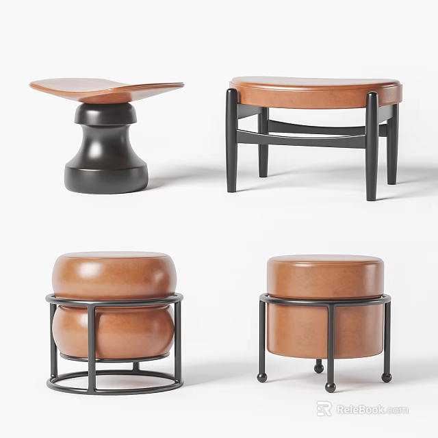 Brown Leather Stools With Black Metal Frames And Modern Diverse Designs 3d model 
