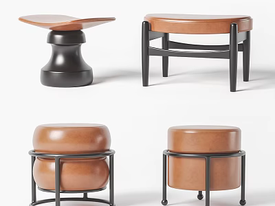 Brown Leather Stools With Black Metal Frames And Modern Diverse Designs 3d model