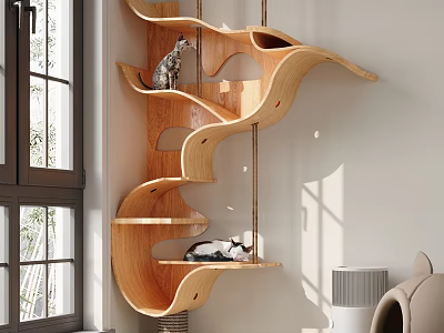 Wooden Wave Shaped Cat Tree with Cats Near Window and Cat Bed 3d model