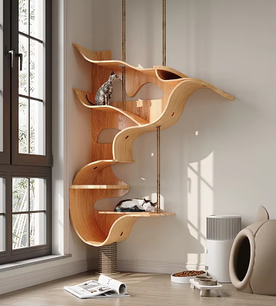 Wooden Wave Shaped Cat Tree with Cats Near Window and Cat Bed 3d model
