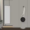 Abstract Human Figure Sculpture On White Pedestal With Black Sphere And Mirror Reflection