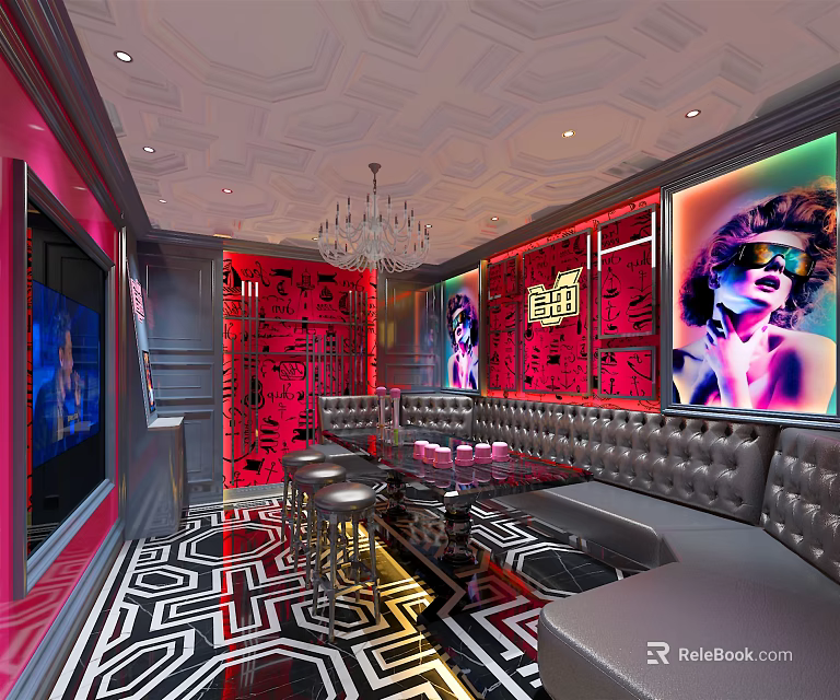 Stylish KTV Lounge Interior With Red Decor Neon Lights Comfy Sofas Patterned Floor And Chandelier 3d model 