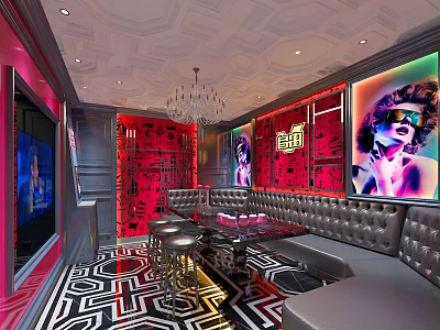 Stylish KTV Lounge Interior With Red Decor Neon Lights Comfy Sofas Patterned Floor And Chandelier 3d model