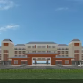 Modern Multi Story Campus Academic Building With Twin Towers Green Lawn And Covered Porch