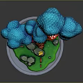 Miniature Plant Landscape With Blue Canopy Red Trunk Mushroom Green Grass And Stones