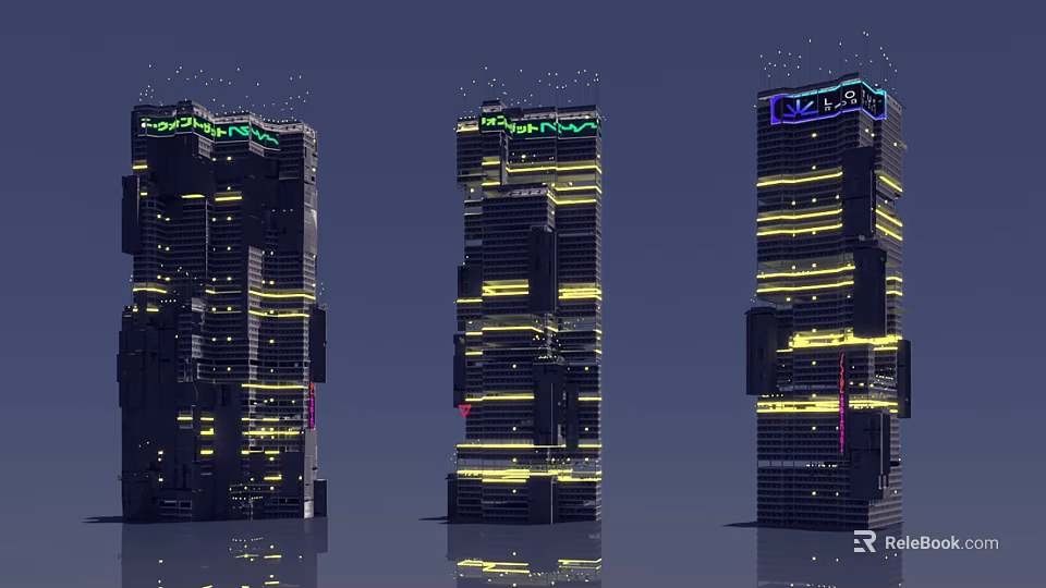 Futuristic Architecture Tall Buildings With Irregular Stacked Design Exterior Yellow Purple Lights 3d model 