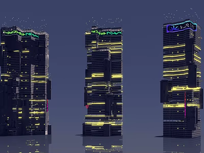 Futuristic Architecture Tall Buildings With Irregular Stacked Design Exterior Yellow Purple Lights 3d model