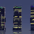 Futuristic Architecture Tall Buildings With Irregular Stacked Design Exterior Yellow Purple Lights