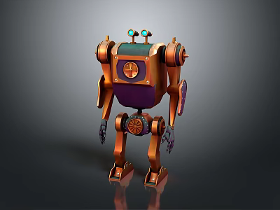3D Animated Robot Character With Orange Purple Body Blue Eyes And Mechanical Gears Design 3d model