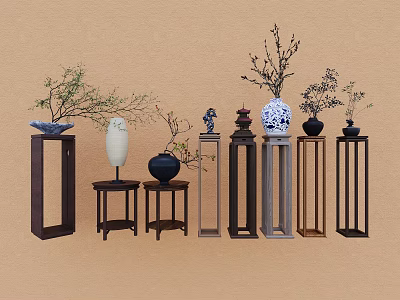 Different Style Wooden Plant Stands With Vases Plants And Decorative Items 3d model