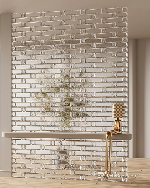 Modern Glass Brick Partition With Golden Accents And Greenery Reflection 3d model 