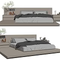 Modern Platform Double Bed With Wooden Headboard Gray Sheets Bedside Tables And Plants