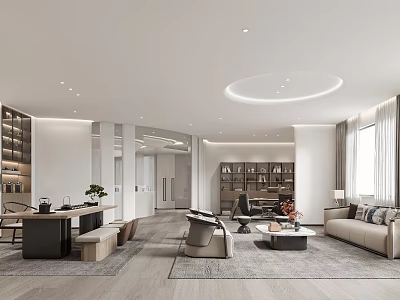 Modern Office Interior With Open Layout Sofa Chairs Bookshelves Desk And Circular Ceiling Light 3d model