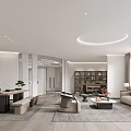Modern Office Interior With Open Layout Sofa Chairs Bookshelves Desk And Circular Ceiling Light