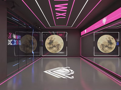 Modern Fitness Studio Interior With Mirrored Walls Neon Lights And Moon Decor 3d model
