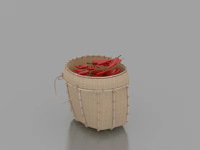 Wicker Basket Filled With Fresh Red Chili Peppers On Gray Background 3d model