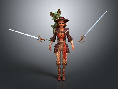 Adventurous Game Movie Character Wearing Hat Green Plant On Back Holding Two Swords 3d model