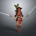Adventurous Game Movie Character Wearing Hat Green Plant On Back Holding Two Swords