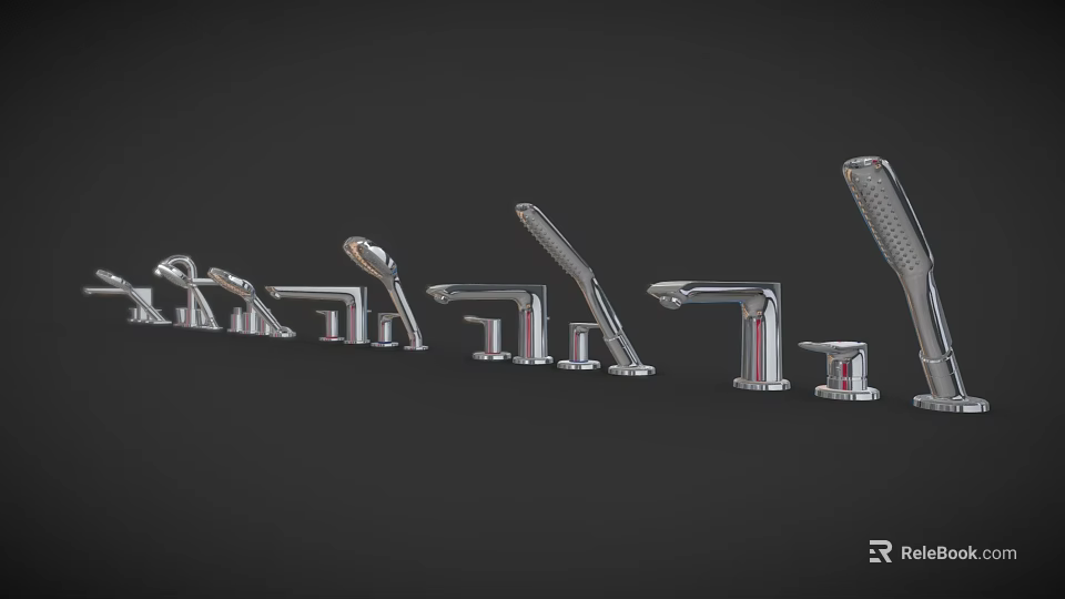 Stylish Modern Chrome Faucets With Various Designs Arranged In Line 3d model 