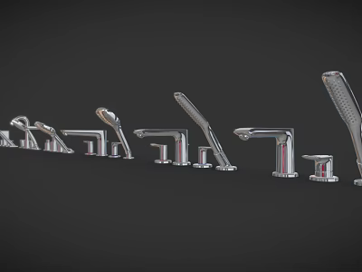 Stylish Modern Chrome Faucets With Various Designs Arranged In Line 3d model