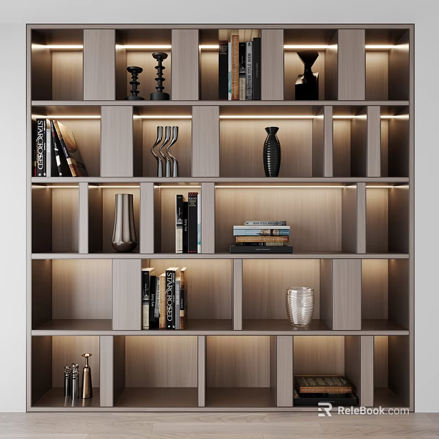 Modern Wooden Bookcase With Layered Shelves Built-in Lighting And Decorative Items 3d model 