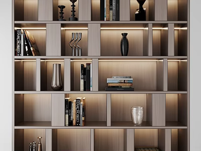 Modern Wooden Bookcase With Layered Shelves Built-in Lighting And Decorative Items 3d model