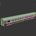 Blue and White Train Carriage with Multiple Windows Shiny Surface Reflection on Dark Background