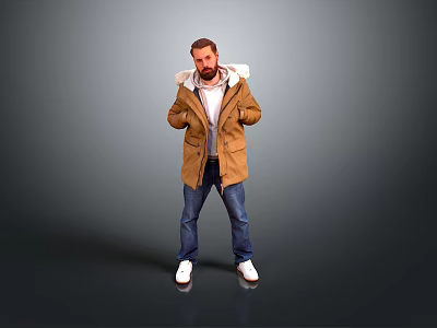 A Man Wearing Brown Hooded Coat White Shirt Blue Jeans White Shoes On Gray Background 3d model