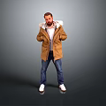 A Man Wearing Brown Hooded Coat White Shirt Blue Jeans White Shoes On Gray Background