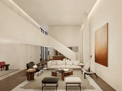 Modern Duplex Living Room Interior With Staircase Sofa And Decorative Painting 3d model